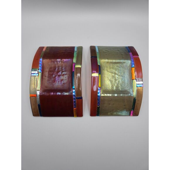 Fused Dichroic Art Glass Domed Tray Candle Holder Trinket Dish set of 2 Signed - Picture 1 of 8
